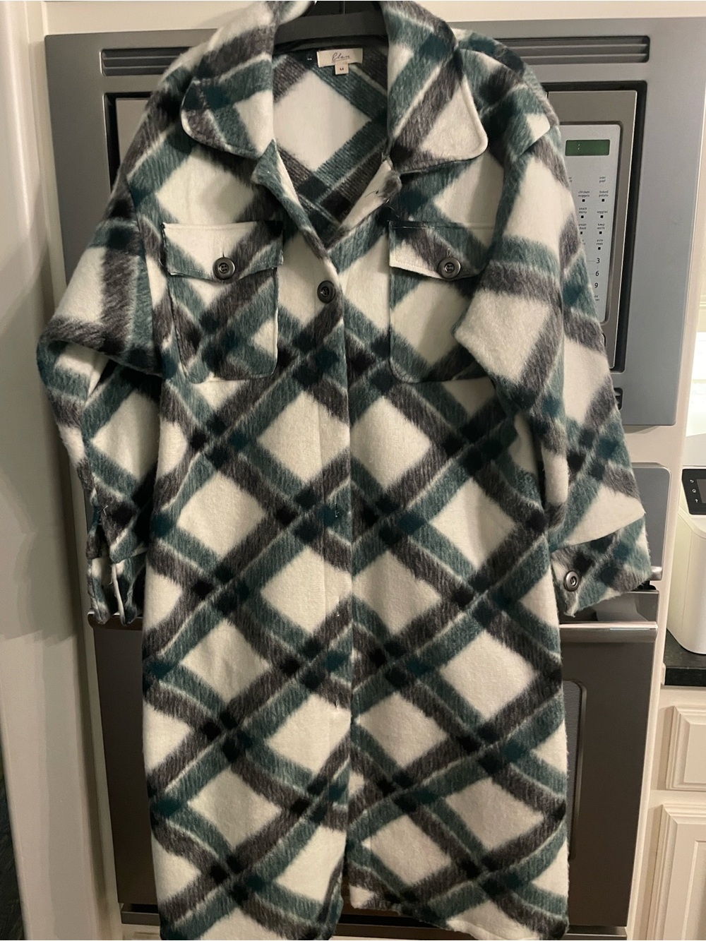 Elan White, Forest Green & Gray Plaid Trench Coat